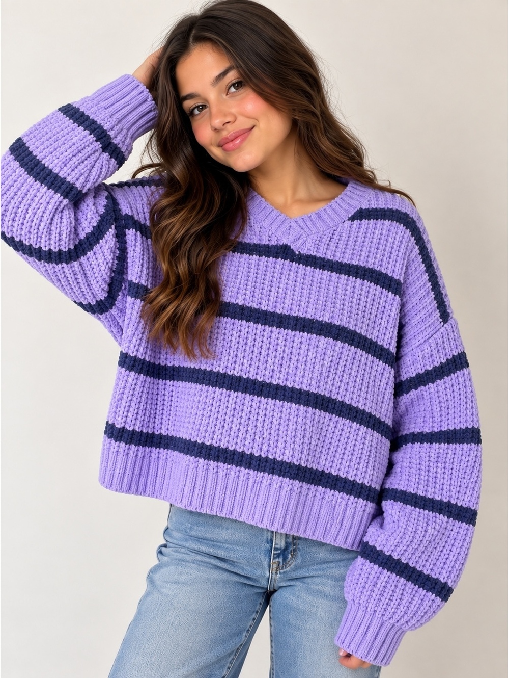 The Reboundouts Girls XL 16 Lavender Navy Striped Chenille Sweater NWT